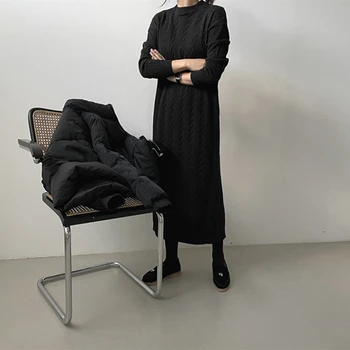 Katı Elbiseler Kadın Sıcak Kış Sonbahar Yeni Giyim Kalın Zarif Kore Vintage 2022 Kazak Elbise Kadın Örme Siyah Vestido