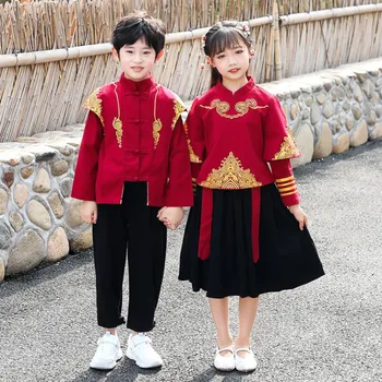 2022 Çocuk Çocuk Çin Tarzı Kırmızı Tang Takım Elbise Kız Qipao Üst Etek Hanfu Cheongsam Elbise Erkek Oryantal Gömlek Pantolon Giyim Seti