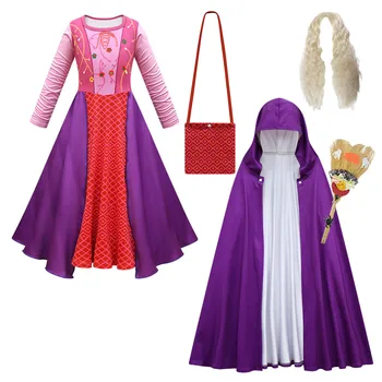 Hokus Pokus Cadılar Bayramı Cadı Giyinmek Çocuklar Winifred Sanderson Cosplay Kostüm Fantezi Kızlar Uzun Kollu Baskılı Süt İpek Giyim