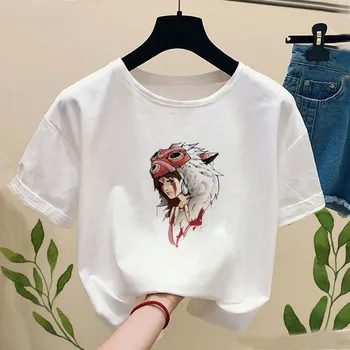 Prenses Mononoke T-shirt Baskı Ghibli Stüdyo Tshirt Kadınlar Casual Kısa Kollu Tee Gömlek Harajuku T-shirt