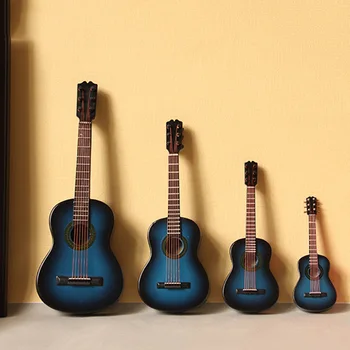 1 Adet Ahşap Minyatür Mavi Gitar Modeli Mini Enstrüman 1/12 Dollhouse 1/6 1/10 1/4 Aksiyon figürü Dekorasyon Hediye