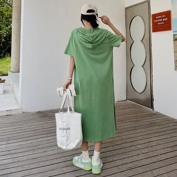 NYFS 2022 Yaz Yeni Kore Kadın Elbise Vestidos Robe Elbise Gevşek Artı Boyutu Pamuk Kısa Kollu Kapşonlu Uzun Elbiseler L-4XL