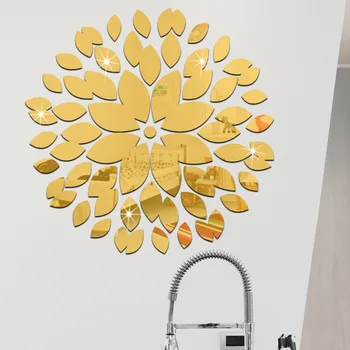 Yuvarlak Yaprakları Tavan Dekor Kristal DIY Ayna Etkisi 3D Duvar çıkartmaları Akrilik Aynalı Dekoratif Sticker Duvar Dekorasyon 5
