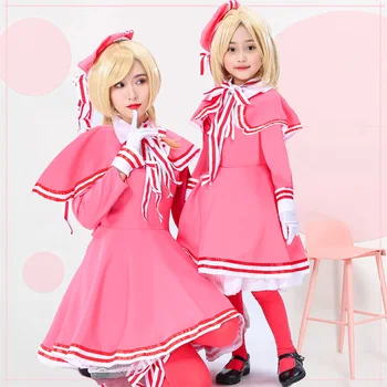 Anime Card Captor Sakura Cosplay Kostüm Kinomoto Sakura Cosplay Kostüm Kız Pembe Elbise Şapka İle Tam Set Lolita Elbise