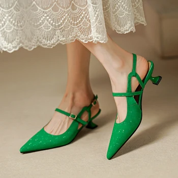 2022 yeni bayan sandalet doğal deri 22-24. 5 cm inek derisi üst Tam deri sivri burun geri ayakkabı Zarif sivri stiletto 1