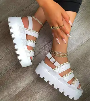 Yaz Ayakkabı Kadın Düz platform sandaletler Kadın Yumuşak Deri Rahat Burnu açık Gladyatör Takozlar Kadın Ayakkabı Kalın Alt Ayakkabı 2021 1