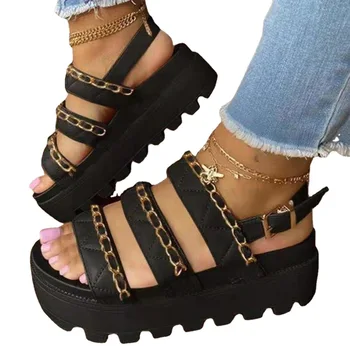 Yaz Ayakkabı Kadın Düz platform sandaletler Kadın Yumuşak Deri Rahat Burnu açık Gladyatör Takozlar Kadın Ayakkabı Kalın Alt Ayakkabı 2021 4