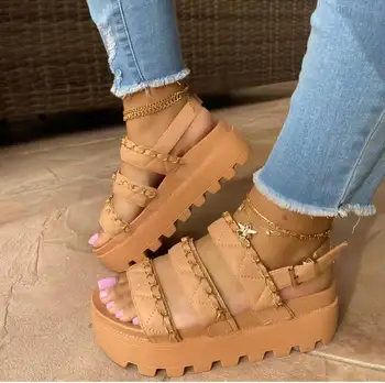 Yaz Ayakkabı Kadın Düz platform sandaletler Kadın Yumuşak Deri Rahat Burnu açık Gladyatör Takozlar Kadın Ayakkabı Kalın Alt Ayakkabı 2021 5