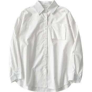 Tiki Tarzı Beyaz Kadın Gömlek Kravat Katı Cep Gevşek Uzun Kollu Tüm Maç Öğrenci Dış Giyim Tops Büyük Boy 3XL