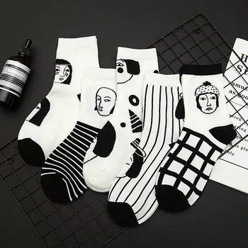 Kadın Erkek Unisex Komik Kafa Desenli Kısa Ekip Çorap Pamuk Komik Hipster Sanat Çorap Siyah ve Beyaz Tarzı Harajuku Ayak Bileği Sox 1