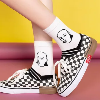 Kadın Erkek Unisex Komik Kafa Desenli Kısa Ekip Çorap Pamuk Komik Hipster Sanat Çorap Siyah ve Beyaz Tarzı Harajuku Ayak Bileği Sox 3