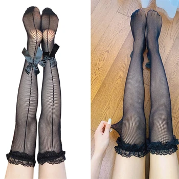 Kadın Lolita Fishnet Uyluk Yüksek Çorap Ruffled Dantel İlmek Diz Çorap Üzerinde 1