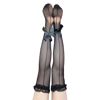 Kadın Lolita Fishnet Uyluk Yüksek Çorap Ruffled Dantel İlmek Diz Çorap Üzerinde 4