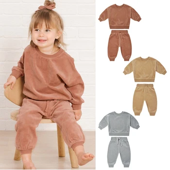 Bebek Bebek Kız Erkek Pamuklu giysiler Set Düz Renk Uzun Kollu Kazak Tops+Pantolon 2 Adet Sonbahar Kış Çocuk Sıcak Kıyafet 3