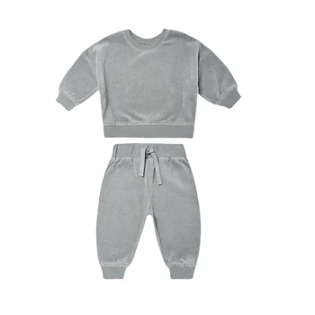 Bebek Bebek Kız Erkek Pamuklu giysiler Set Düz Renk Uzun Kollu Kazak Tops+Pantolon 2 Adet Sonbahar Kış Çocuk Sıcak Kıyafet 4