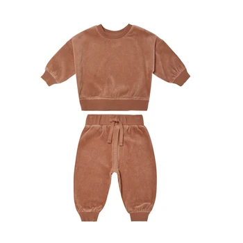 Bebek Bebek Kız Erkek Pamuklu giysiler Set Düz Renk Uzun Kollu Kazak Tops+Pantolon 2 Adet Sonbahar Kış Çocuk Sıcak Kıyafet 5