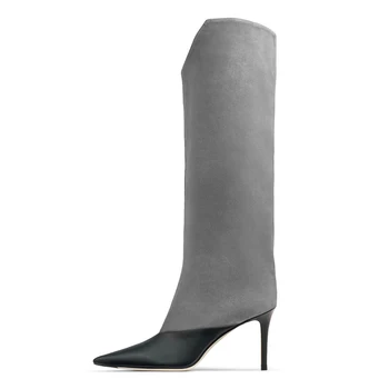 Arden Furtado 2022 İlkbahar Sonbahar Bayanlar Stiletto Topuklu 10cm 12cm bayan Botları Gri Diz Yüksek Çizmeler Büyük Boy Çizmeler