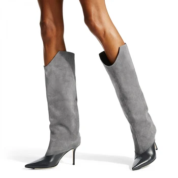 Arden Furtado 2022 İlkbahar Sonbahar Bayanlar Stiletto Topuklu 10cm 12cm bayan Botları Gri Diz Yüksek Çizmeler Büyük Boy Çizmeler 3