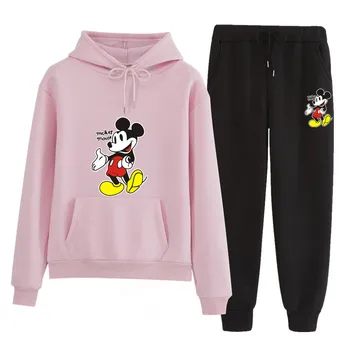 Disney Mickey Mouse Spor Moda karikatür kadın 2 parça Baskılı Hoodie + Pantolon Spor Takım Elbise Seti kadın kıyafetleri