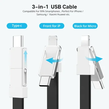 3 in 1 USB Kablosu Mikro USB C Tipi Aydınlatma Kablosu Samsung Xiaomi Huawei İçin 2A Mini Anahtarlık Şarj Şarj Kabloları 1