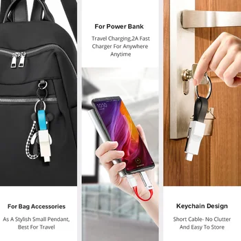 3 in 1 USB Kablosu Mikro USB C Tipi Aydınlatma Kablosu Samsung Xiaomi Huawei İçin 2A Mini Anahtarlık Şarj Şarj Kabloları 5