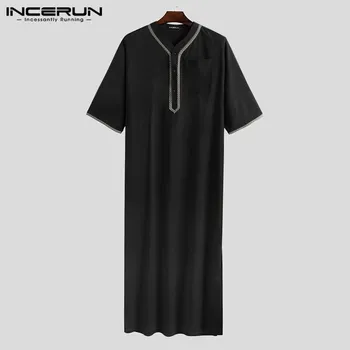 INCERUN İslam Arapça Kaftan Erkekler Yarım Kollu Düz Renk V Boyun Müslüman Kıyafetleri Vintage Casual Orta Doğu Dubai Erkekler Jubba Thobe