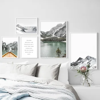 Orman Ahşap Ev Göl Kar Dağ Tekne duvar sanatı tuval yağlıboya İskandinav Posterler Ve Baskılar Dekor Resimleri Için Oturma Odası