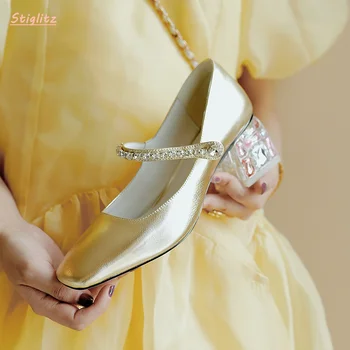 Altın Taklidi Pompaları 2022 kadın Katı Lüks Tasarım Kare Ayak Tıknaz Topuk Renkli Taşlar Tatlı Deri Katı Mary Jane Ayakkabı