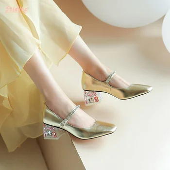 Altın Taklidi Pompaları 2022 kadın Katı Lüks Tasarım Kare Ayak Tıknaz Topuk Renkli Taşlar Tatlı Deri Katı Mary Jane Ayakkabı 1