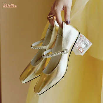 Altın Taklidi Pompaları 2022 kadın Katı Lüks Tasarım Kare Ayak Tıknaz Topuk Renkli Taşlar Tatlı Deri Katı Mary Jane Ayakkabı 3
