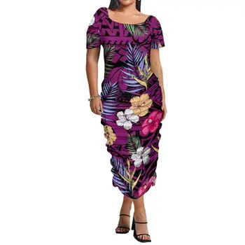 Toptan Özel Polinezya Geleneksel Elbiseler Samoa Puletasi Elbise Ptaha Kare Yaka Üst İki Parçalı Set Çift Elbise