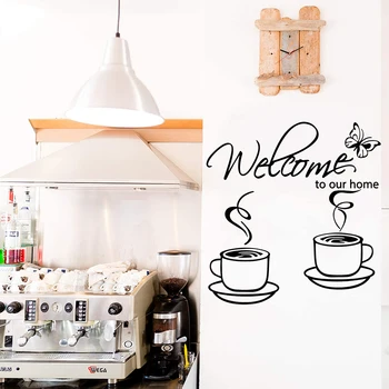  Evimize hoşgeldiniz Kahve Duvar Sticker Mutfak Oturma Odası Kelebek Hello Cafe çay bardağı Duvar Çıkartması Restoran Vinil Dekor
