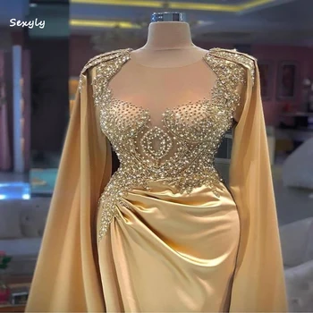 Lüks Arapça Dubai Gece Elbisesi Pelerin Kollu Sheer Boyun Mermaid Afrika balo kıyafetleri 2022 Boncuklu İnciler İle Altın Parti