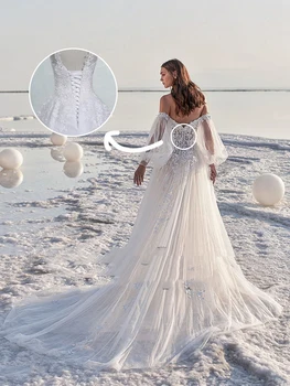 Kapalı Omuz Plaj düğün elbisesi 2022 Uzun Puf Kollu Aplikler Kat Uzunluk Yumuşak Tül Dantel gelinlikler Sweep Tren