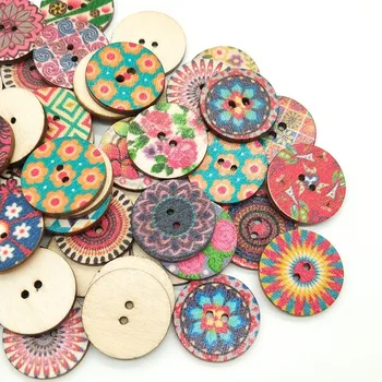 50/100 Adet 15 20 25mm Yuvarlak Ahşap Düğmeler Retro Baskı Dekoratif Ahşap Düğmeler DIY Takı Tokaları 0