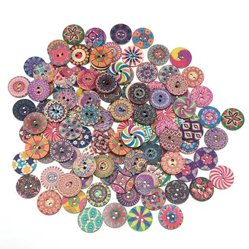 50/100 Adet 15 20 25mm Yuvarlak Ahşap Düğmeler Retro Baskı Dekoratif Ahşap Düğmeler DIY Takı Tokaları 1
