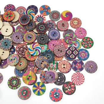 50/100 Adet 15 20 25mm Yuvarlak Ahşap Düğmeler Retro Baskı Dekoratif Ahşap Düğmeler DIY Takı Tokaları 3