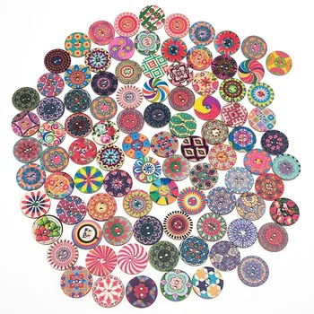 50/100 Adet 15 20 25mm Yuvarlak Ahşap Düğmeler Retro Baskı Dekoratif Ahşap Düğmeler DIY Takı Tokaları 5