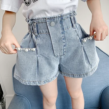 IENENS Kız Kot Şort Çocuklar Denim kısa pantolon Büyük Cep İnci Bebek Rahat Şort Dipleri Fit 4-13 Yıl Çocuk yaz giysileri
