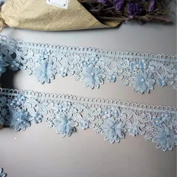 1 Yard Mavi 9cm İnci 3D Çiçek Püskül Dantel Kenar Trim Şerit Kumaş İşlemeli Aplike Dikiş El Sanatları düğün elbisesi giysi