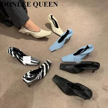 Moda Kare Ayak Ince Yüksek Topuk Ayakkabı Kadın Sığ Elastik Pompaları Sonbahar Ayakkabı Parti Elbise Zebra Chaussure Zapatillas Mujer