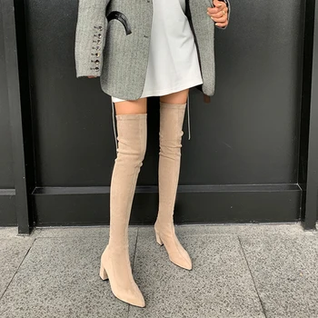 Moda Yüksek Çizmeler Kadın 2022 Kış Diz Üzerinde Sıcak Botas Mujer Süet Lace Up Pompaları Çorap yüksek topuklu ayakkabı Botları 3