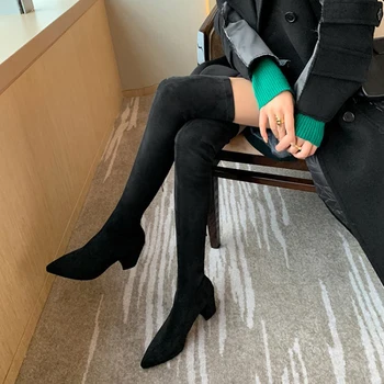 Moda Yüksek Çizmeler Kadın 2022 Kış Diz Üzerinde Sıcak Botas Mujer Süet Lace Up Pompaları Çorap yüksek topuklu ayakkabı Botları 4