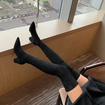 Moda Yüksek Çizmeler Kadın 2022 Kış Diz Üzerinde Sıcak Botas Mujer Süet Lace Up Pompaları Çorap yüksek topuklu ayakkabı Botları 5