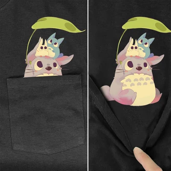 Pamuklu tişört Cep Komşum Totoro Baskılı TShirt Harajuku Tarzı Rahat Tee Kazak Siyah Pamuklu Tİşört Damla Nakliye