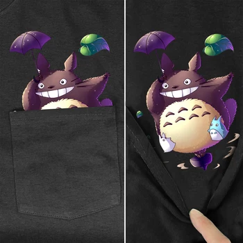 Pamuklu tişört Cep Komşum Totoro Baskılı TShirt Harajuku Tarzı Rahat Tee Kazak Siyah Pamuklu Tİşört Damla Nakliye 1