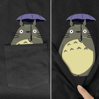 Pamuklu tişört Cep Komşum Totoro Baskılı TShirt Harajuku Tarzı Rahat Tee Kazak Siyah Pamuklu Tİşört Damla Nakliye 3