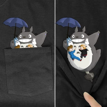 Pamuklu tişört Cep Komşum Totoro Baskılı TShirt Harajuku Tarzı Rahat Tee Kazak Siyah Pamuklu Tİşört Damla Nakliye 5