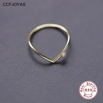 CCFJOYAS 14k Altın Kaplama V şeklinde Yüzük Kadınlar için 925 Ayar Gümüş Tek Zirkon Düğün Parti Yüzükler moda takı 2022 3