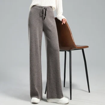 Sıcak satış Kadın %100 % Saf Yün pantolon 2021 Yeni Sonbahar Kış Yumuşak Balmumu Rahat Yüksek Bel Örgü Kadın Kalınlaşmak Geniş Bacak Pantolon 0